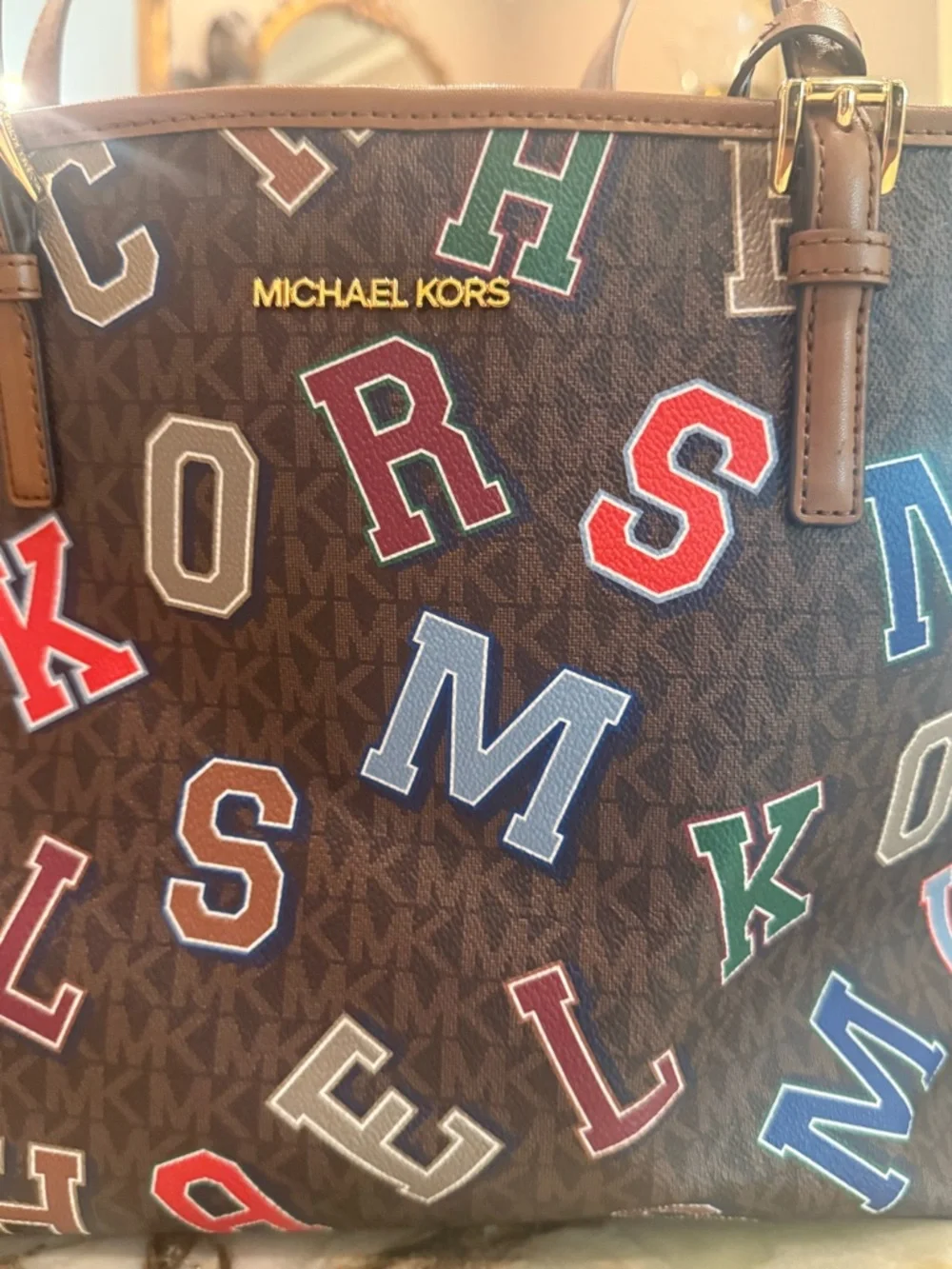 Michael Kors Jet Set Travel Tote Brown Logo Varsity Letter Print Bag NWOT - Picture 3 of 11